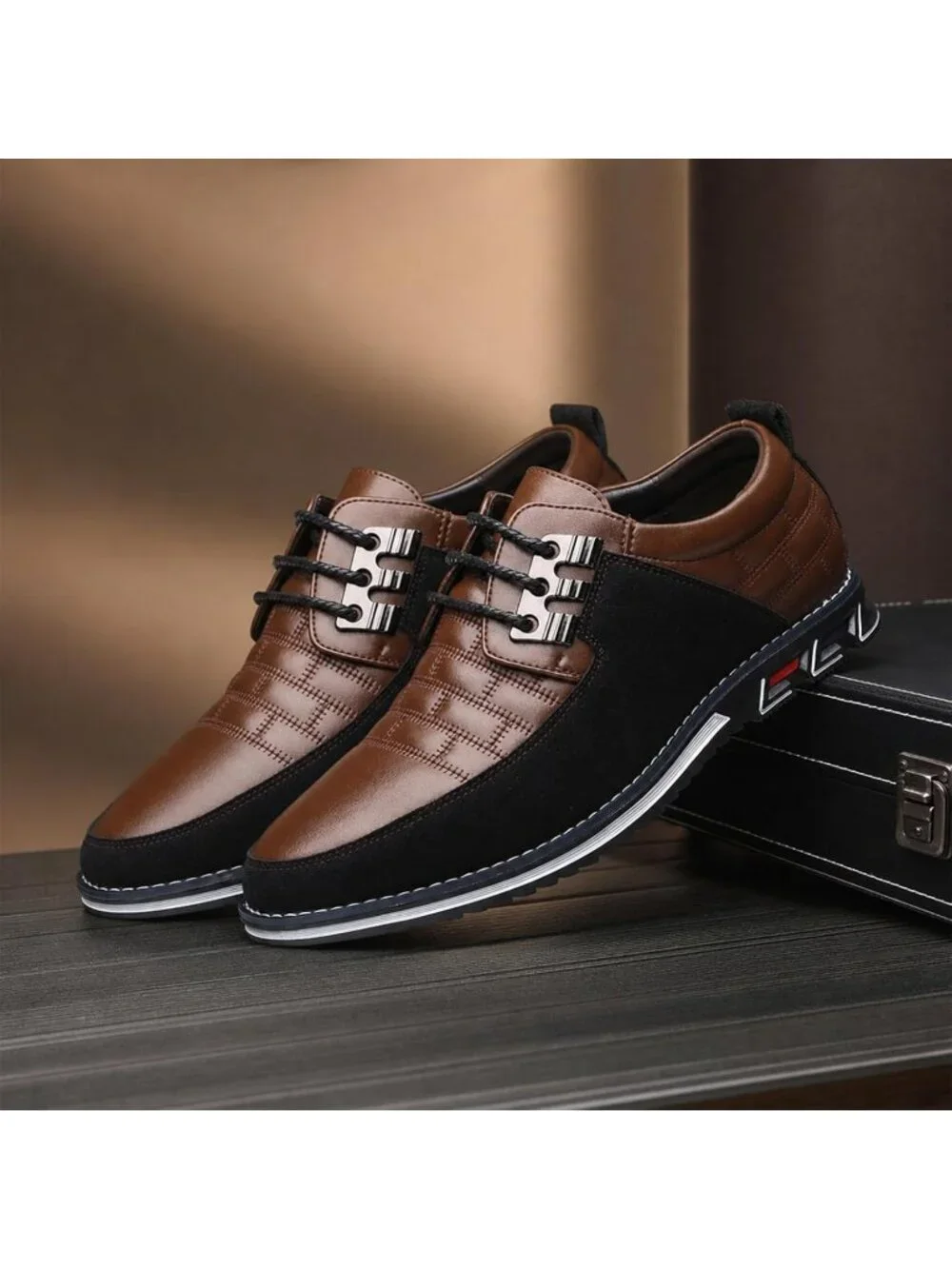 Men's Brown Plaid Grid Lace-up Leather Business Orthopedic Oxford Derby Shoes